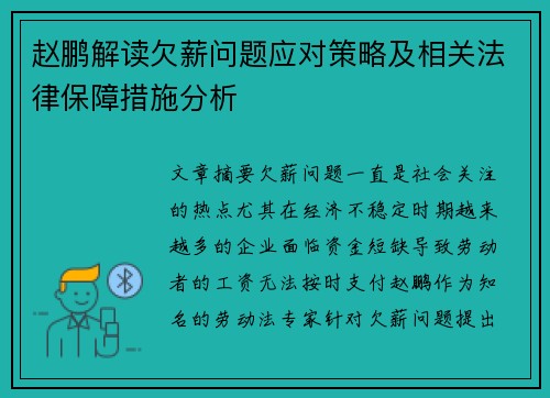 赵鹏解读欠薪问题应对策略及相关法律保障措施分析