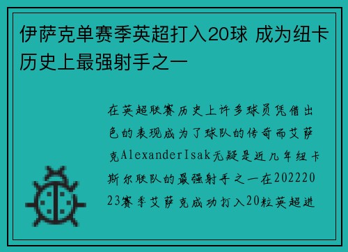 伊萨克单赛季英超打入20球 成为纽卡历史上最强射手之一 伊萨克单赛季英超打入20球 成为纽卡历史上最强射手之一