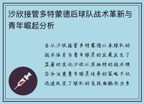 沙欣接管多特蒙德后球队战术革新与青年崛起分析 沙欣接管多特蒙德后球队战术革新与青年崛起分析